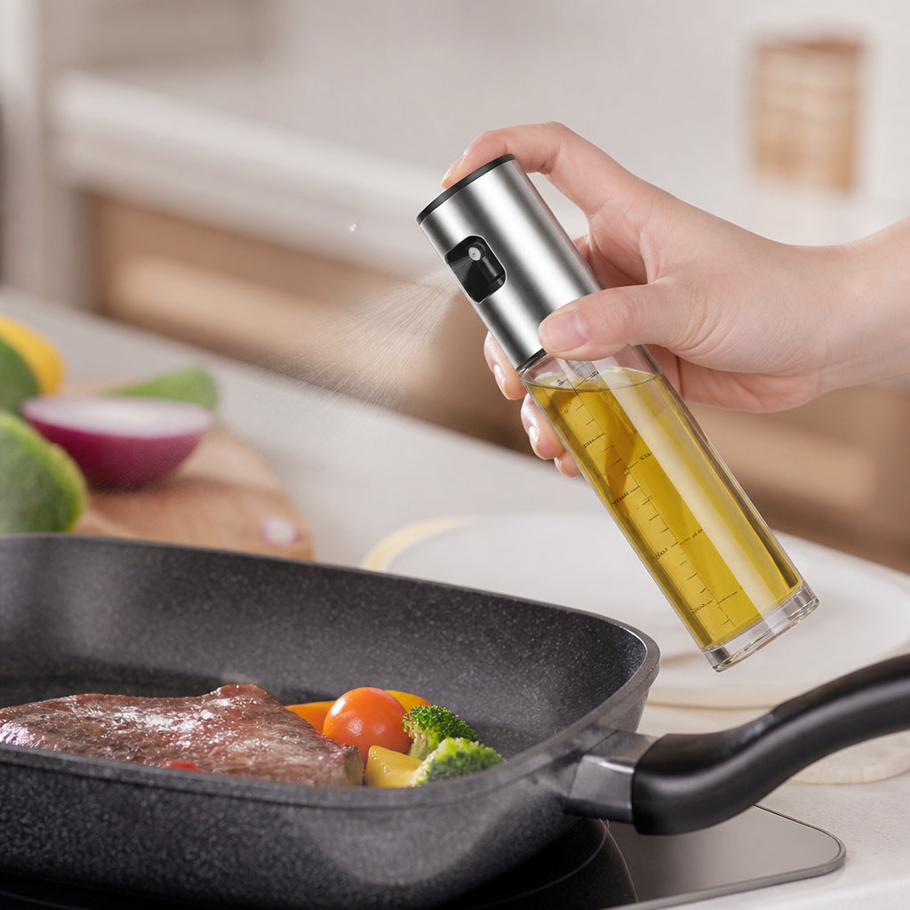 Stainless Steel Glass Oil Sprayer for Cooking, Refillable Oil Mister with Measurement Scale, for Air Fryer, Salad, BBQ, Baking & Grilling