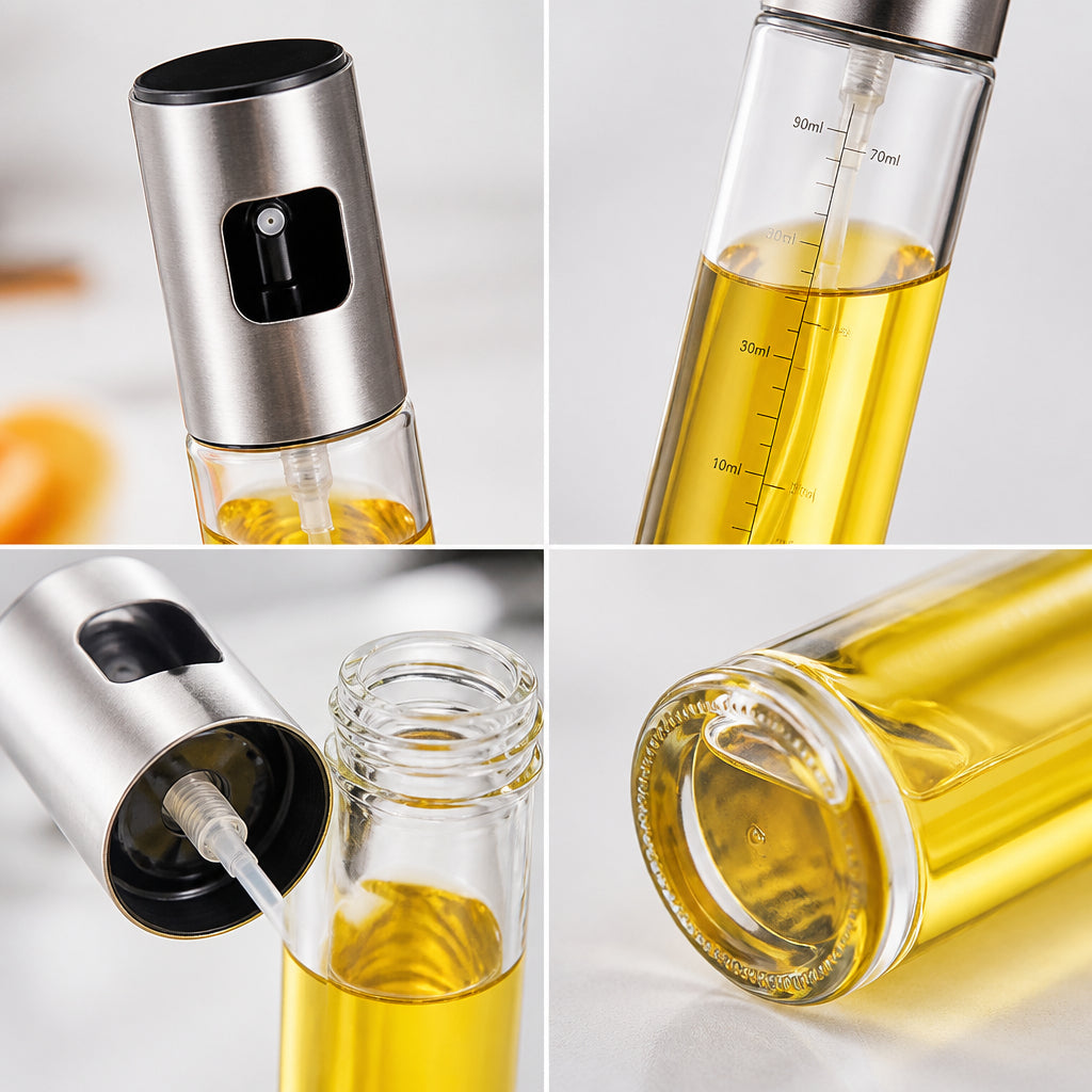 Stainless Steel Glass Oil Sprayer for Cooking, Refillable Oil Mister with Measurement Scale, for Air Fryer, Salad, BBQ, Baking & Grilling