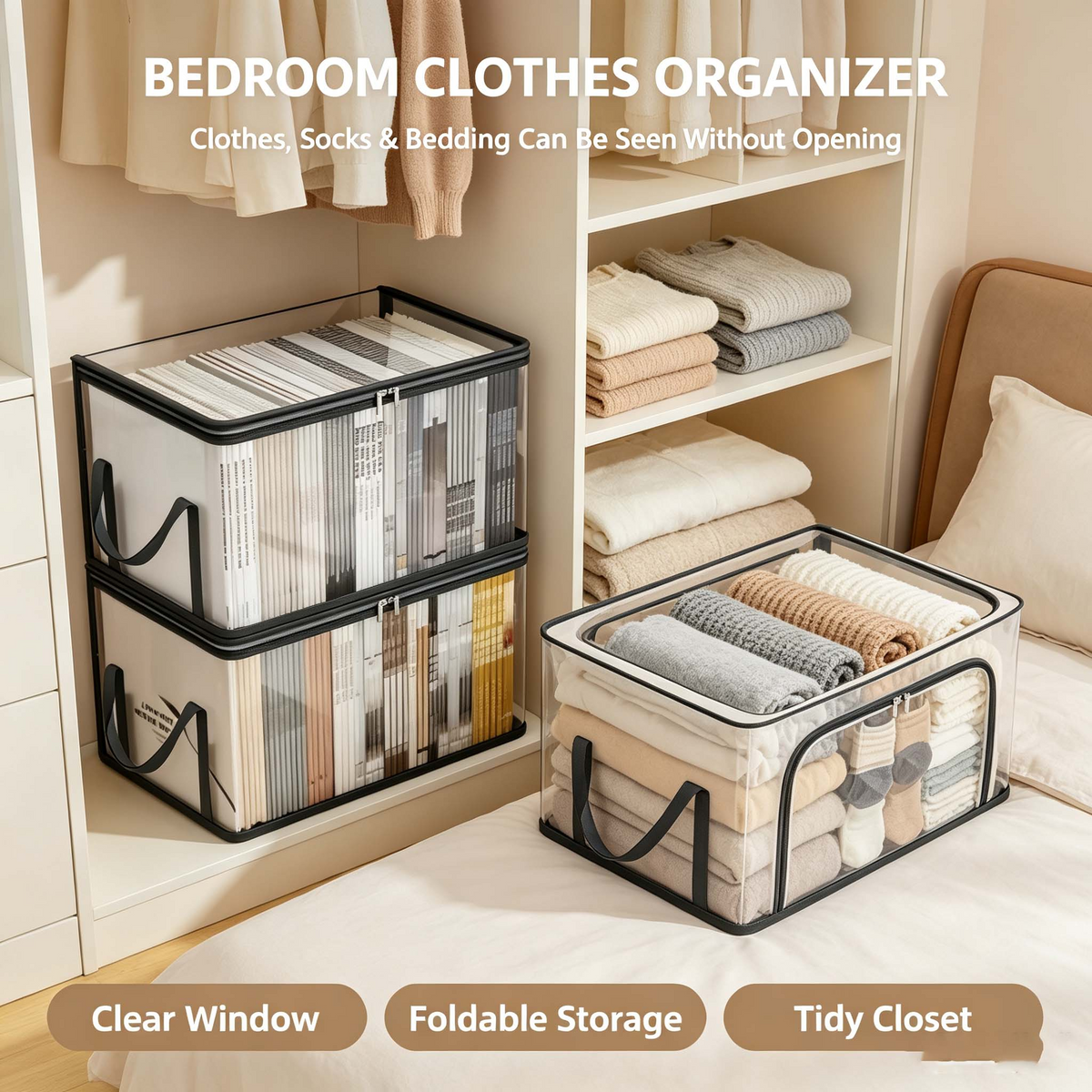 Clear Stackable Storage Bin with Zipper Lid & Handles, Foldable Transparent Storage Box for Clothes Books Files, Home Office Closet Organization