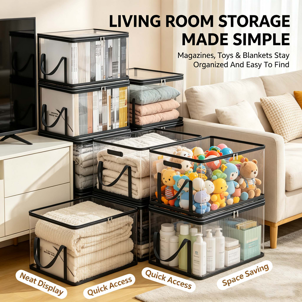 Clear Stackable Storage Bin with Zipper Lid & Handles, Foldable Transparent Storage Box for Clothes Books Files, Home Office Closet Organization