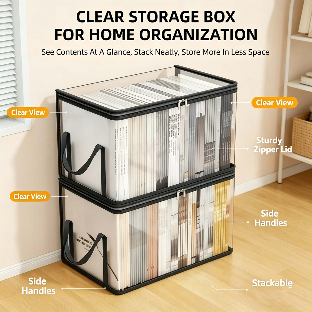 Clear Stackable Storage Bin with Zipper Lid & Handles, Foldable Transparent Storage Box for Clothes Books Files, Home Office Closet Organization