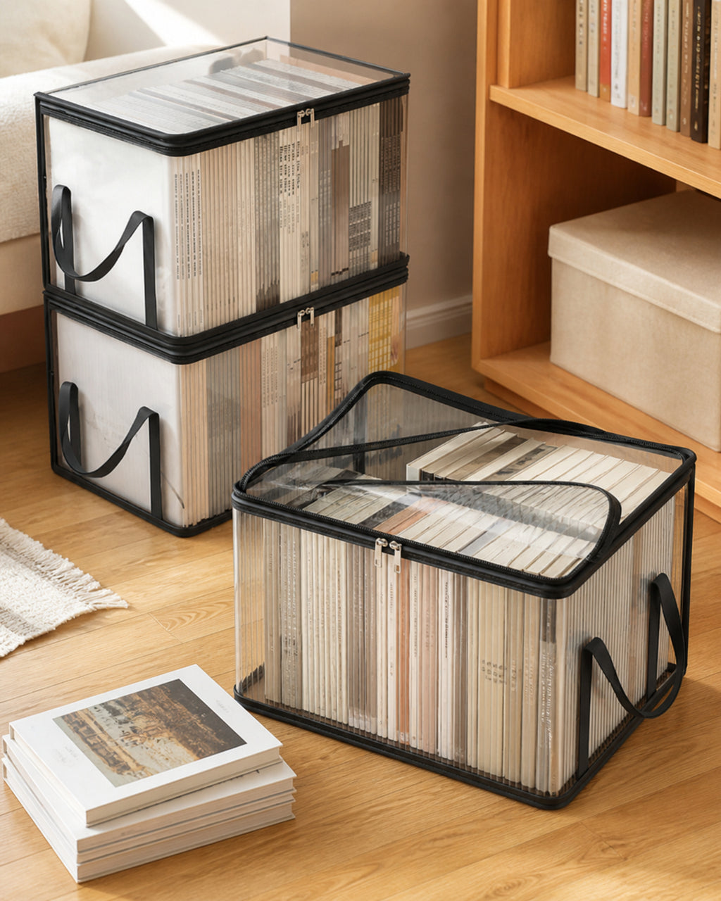 Clear Stackable Storage Bin with Zipper Lid & Handles, Foldable Transparent Storage Box for Clothes Books Files, Home Office Closet Organization