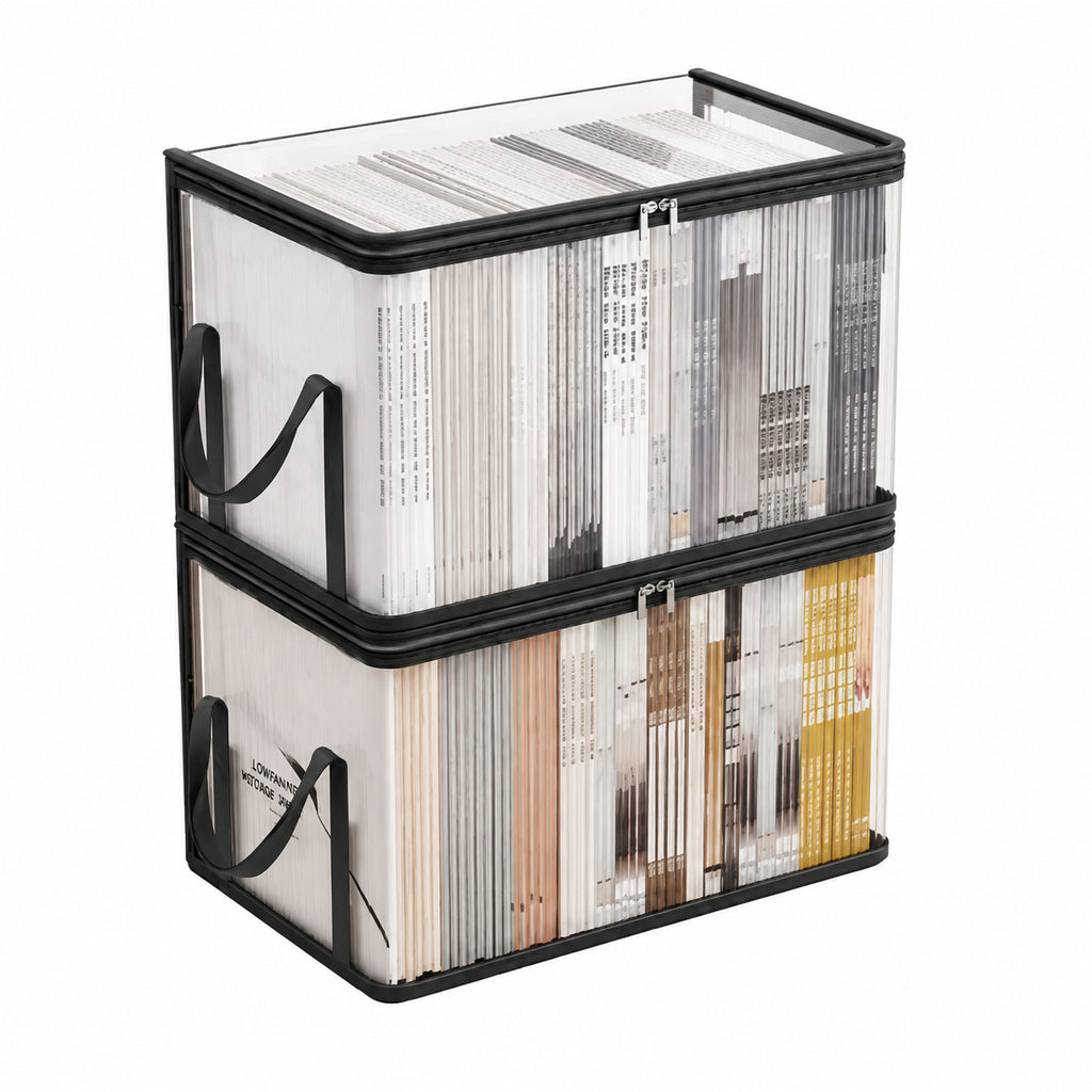 Clear Stackable Storage Bin with Zipper Lid & Handles, Foldable Transparent Storage Box for Clothes Books Files, Home Office Closet Organization
