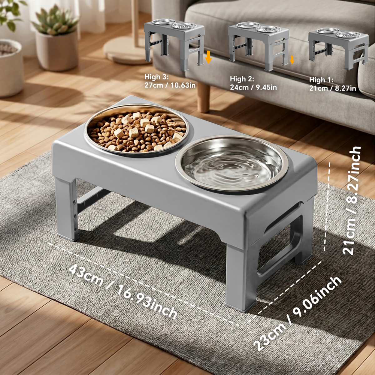 3 Height Adjustable Elevated Dog Bowls, 2 Stainless Steel Raised Pet Feeder Stand for Small Medium Dogs Cats Food & Water