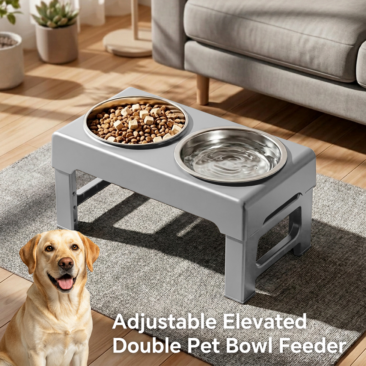 3 Height Adjustable Elevated Dog Bowls, 2 Stainless Steel Raised Pet Feeder Stand for Small Medium Dogs Cats Food & Water