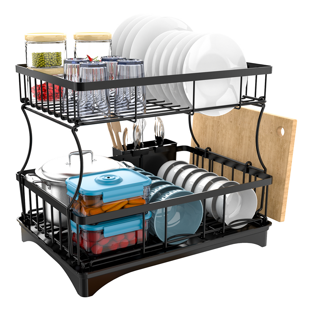 2 Tier Dish Drying Rack with Drainboard, Rustproof Kitchen Dish Drainer with Utensil Holder & Cutting Board Holder for Countertop
