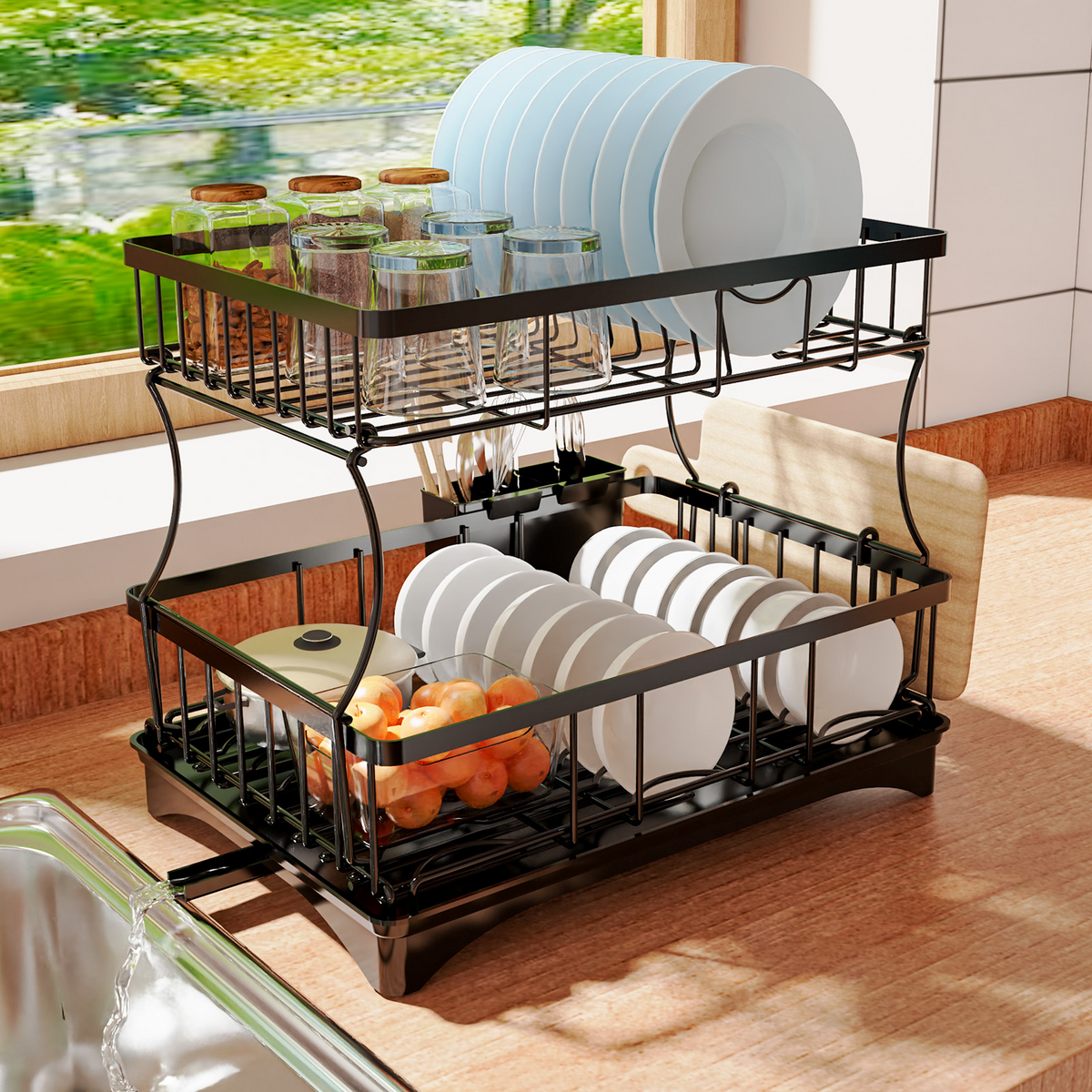 2 Tier Dish Drying Rack with Drainboard, Rustproof Kitchen Dish Drainer with Utensil Holder & Cutting Board Holder for Countertop