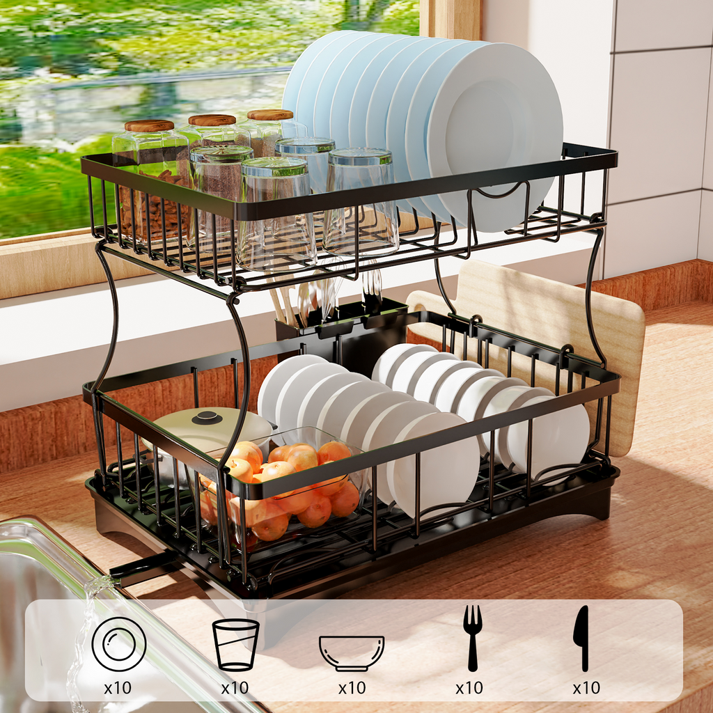 2 Tier Dish Drying Rack with Drainboard, Rustproof Kitchen Dish Drainer with Utensil Holder & Cutting Board Holder for Countertop