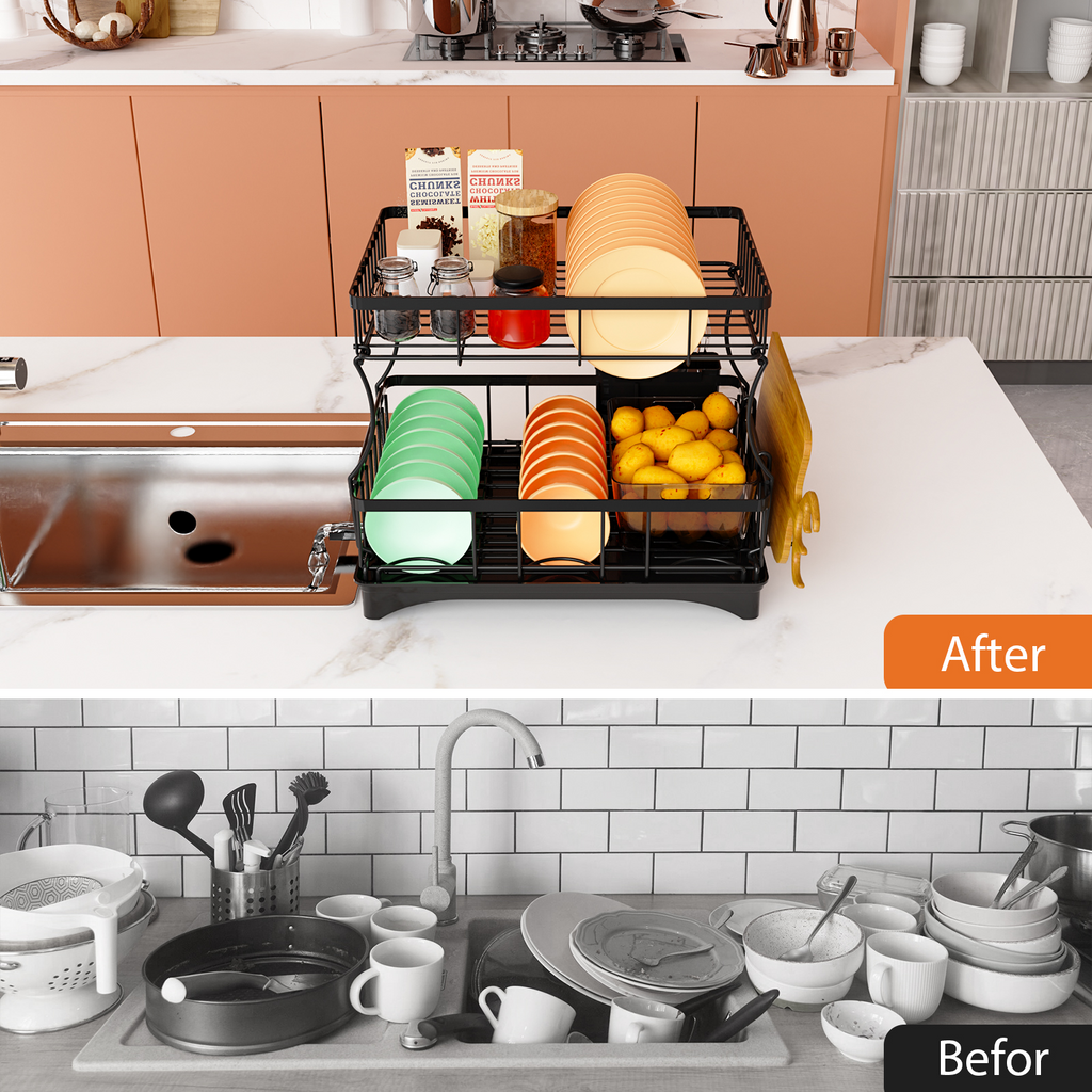 2 Tier Dish Drying Rack with Drainboard, Rustproof Kitchen Dish Drainer with Utensil Holder & Cutting Board Holder for Countertop