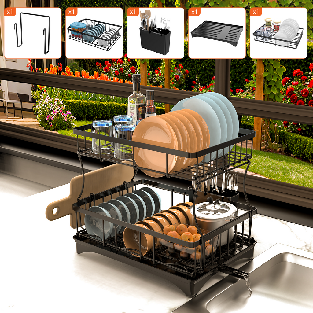 2 Tier Dish Drying Rack with Drainboard, Rustproof Kitchen Dish Drainer with Utensil Holder & Cutting Board Holder for Countertop