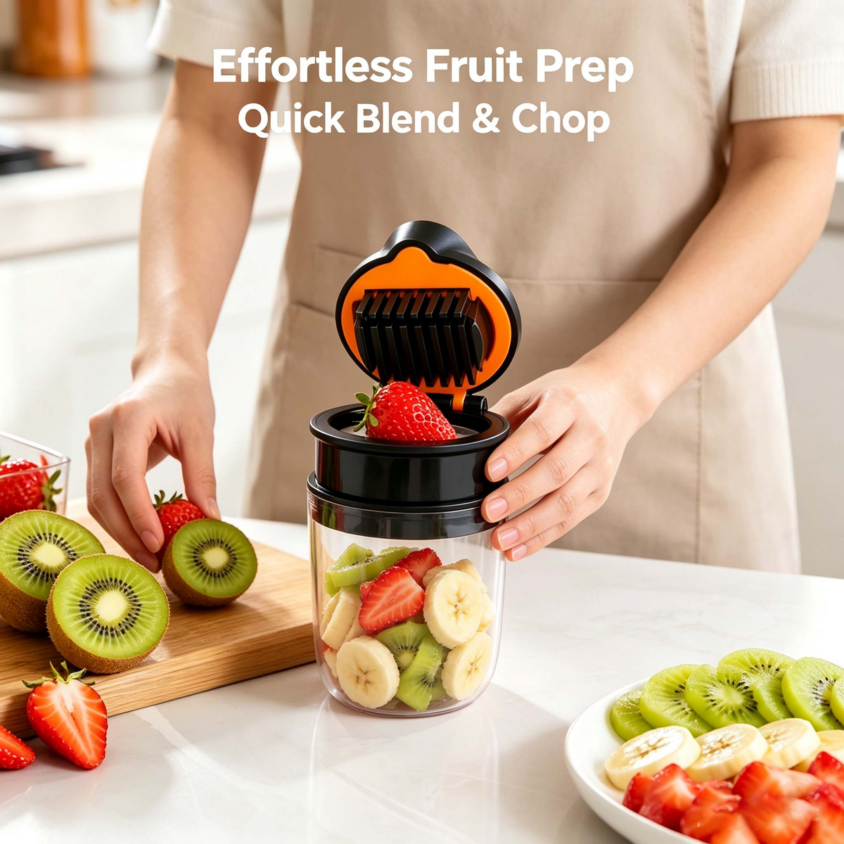 2-in-1 Fruit Chopper & Mini Electric Blender, One-Press Fruit Dicer Cup for Strawberry Kiwi, Portable Food Prep for Kitchen Picnic Use