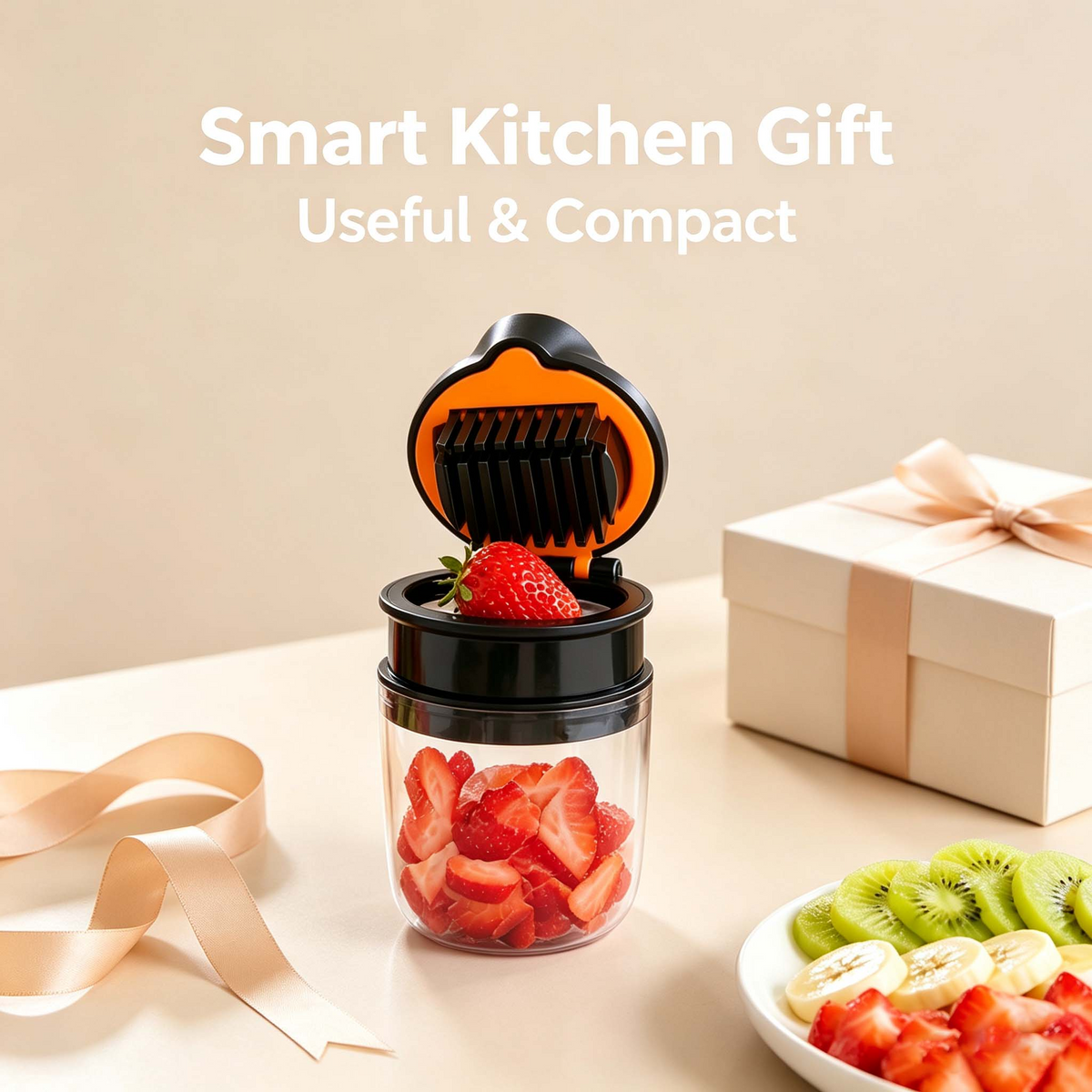 2-in-1 Fruit Chopper & Mini Electric Blender, One-Press Fruit Dicer Cup for Strawberry Kiwi, Portable Food Prep for Kitchen Picnic Use