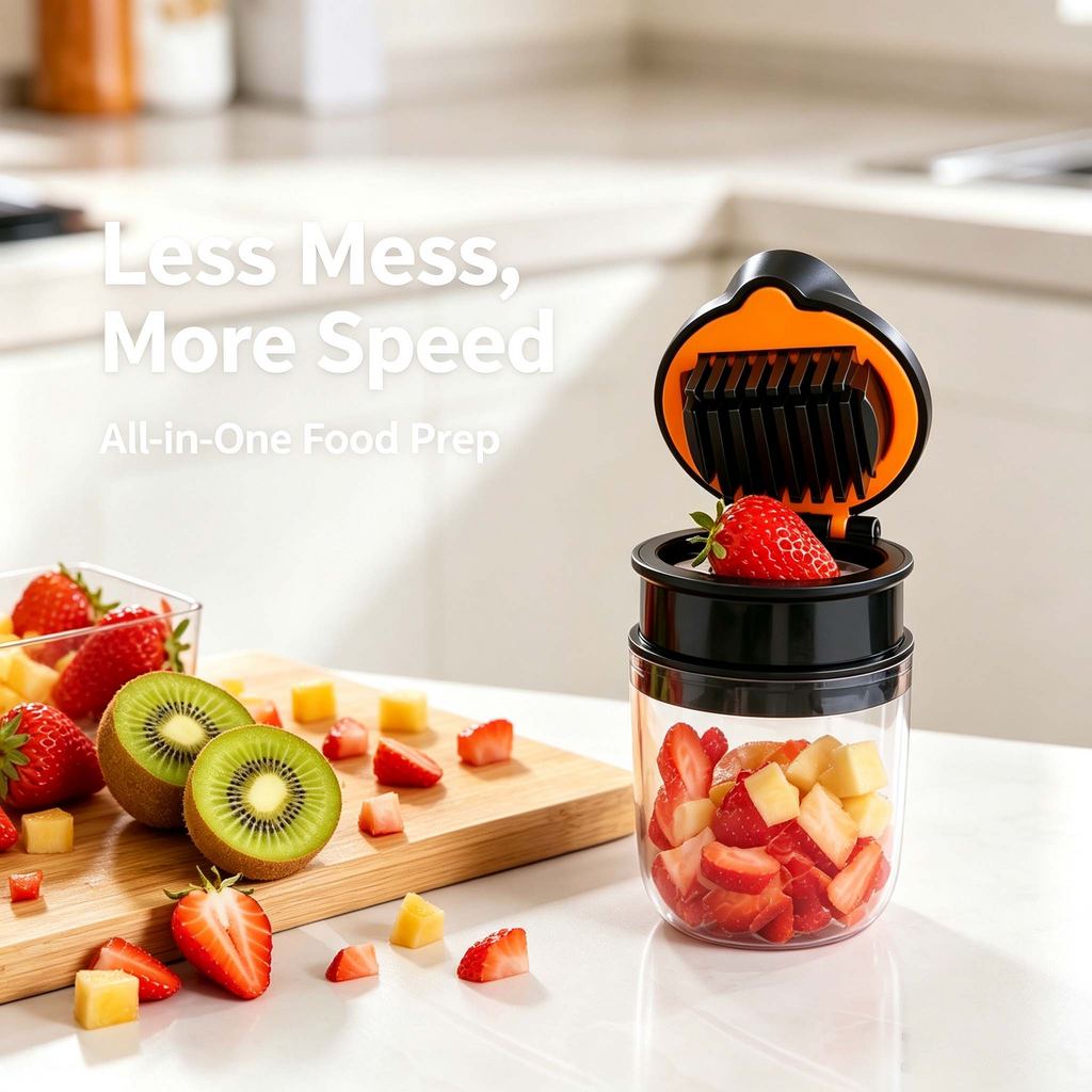 2-in-1 Fruit Chopper & Mini Electric Blender, One-Press Fruit Dicer Cup for Strawberry Kiwi, Portable Food Prep for Kitchen Picnic Use