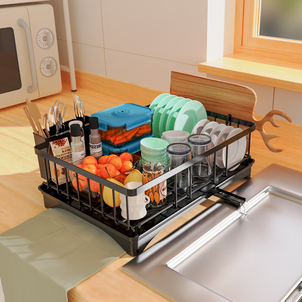 Single Tier Dish Drying Rack with Drainboard & Utensil Caddy, Rustproof Metal Dish Drainer with Drip Spout for Kitchen Countertop