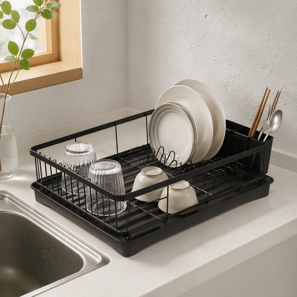 Single Tier Dish Drying Rack with Drainboard & Utensil Caddy, Rustproof Metal Dish Drainer with Drip Spout for Kitchen Countertop