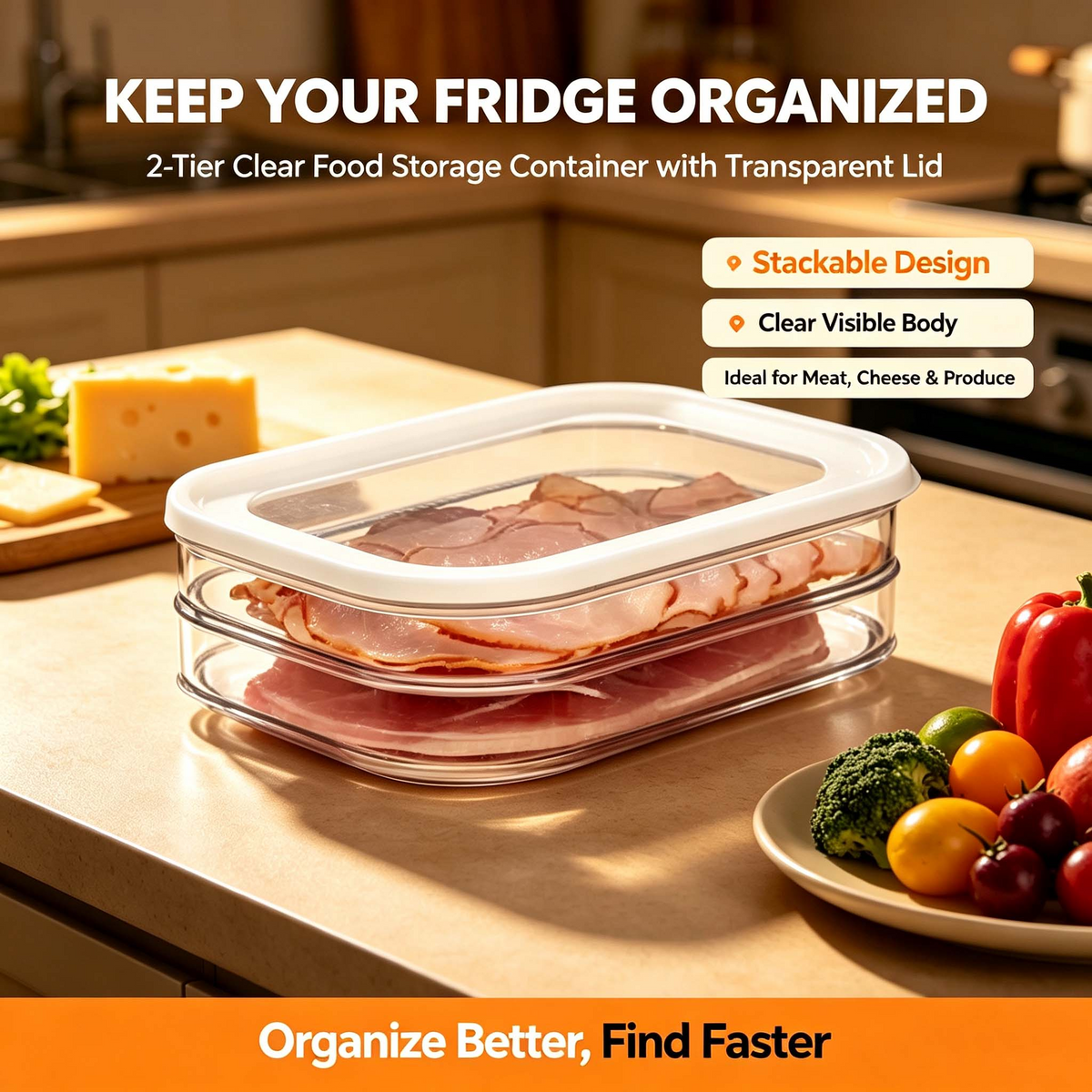 2-Tier Stackable Deli Meat Container, Clear Fridge Organizer with Lid for Cheese Fruit Veggie, Refrigerator Food Storage Bin