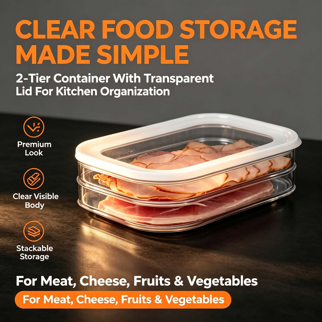 2-Tier Stackable Deli Meat Container, Clear Fridge Organizer with Lid for Cheese Fruit Veggie, Refrigerator Food Storage Bin