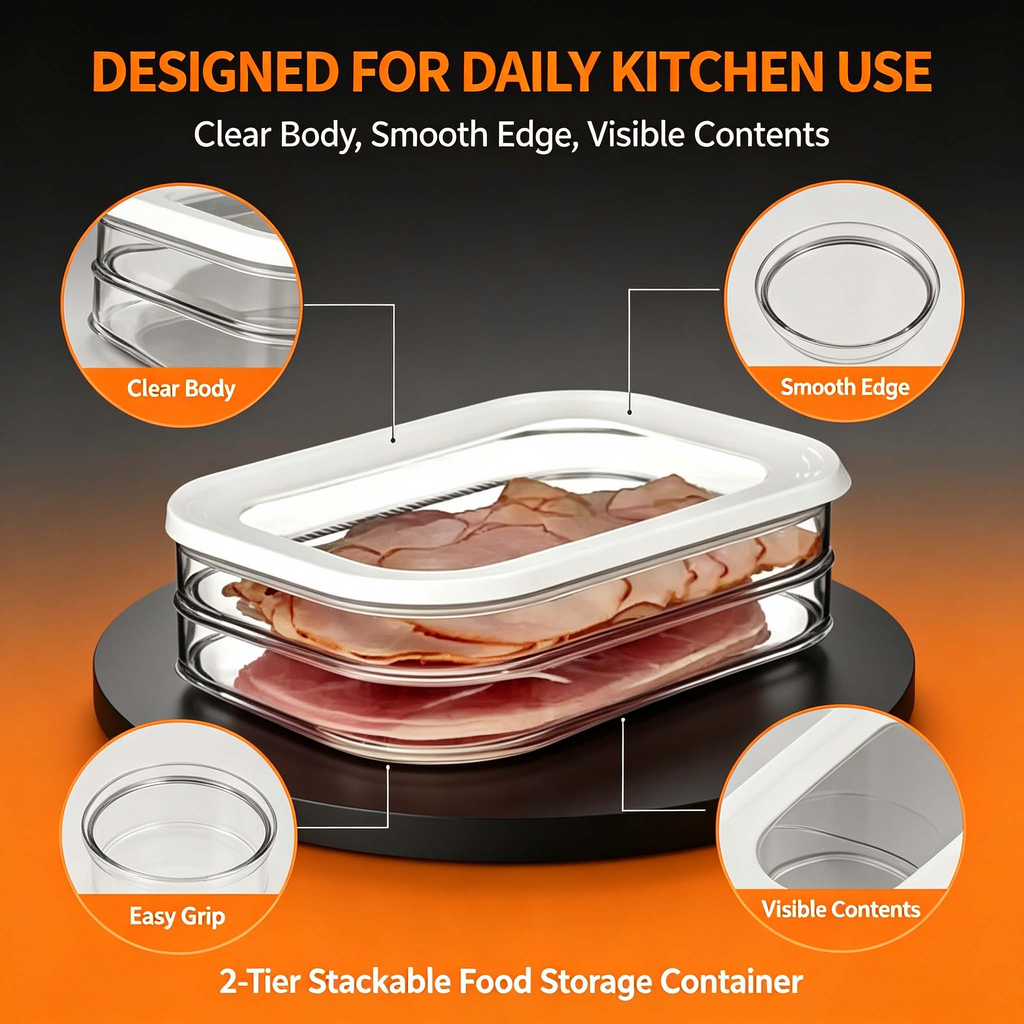 2-Tier Stackable Deli Meat Container, Clear Fridge Organizer with Lid for Cheese Fruit Veggie, Refrigerator Food Storage Bin