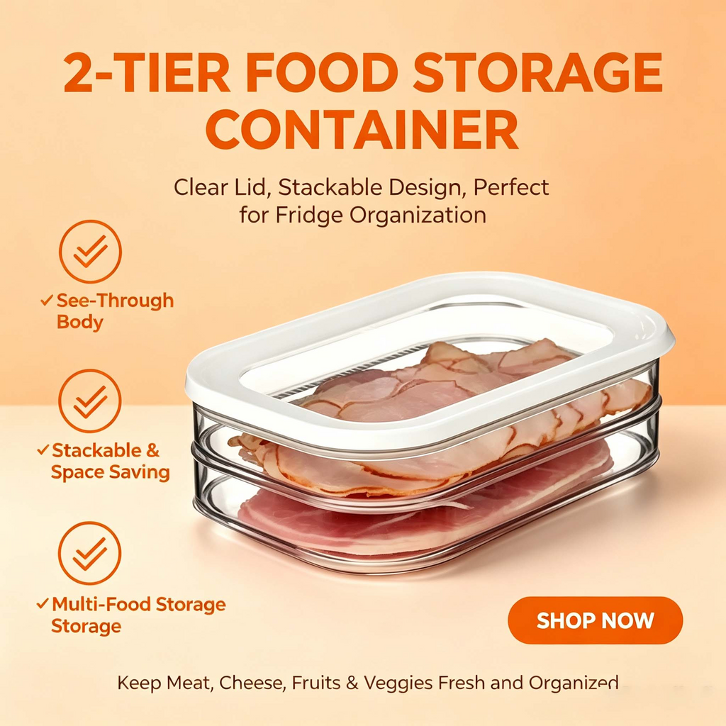 2-Tier Stackable Deli Meat Container, Clear Fridge Organizer with Lid for Cheese Fruit Veggie, Refrigerator Food Storage Bin