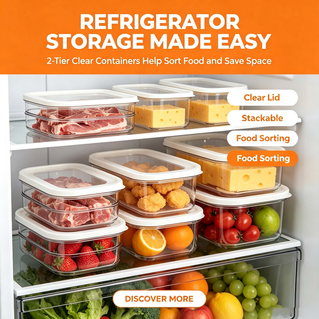 2-Tier Stackable Deli Meat Container, Clear Fridge Organizer with Lid for Cheese Fruit Veggie, Refrigerator Food Storage Bin