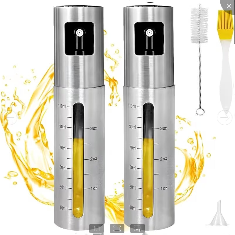 2 Pack Stainless Steel Oil Sprayer for Cooking, 110ml Fine Mist Mister with Scale, Funnel & Brush for BBQ Air Fryer Salad Baking