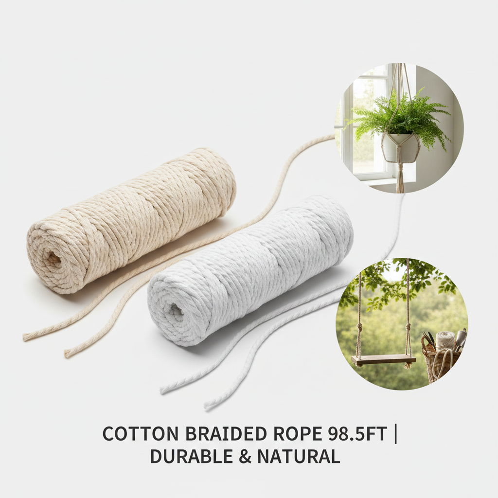 2 Pack 98.5FT Cotton Braided Rope, 5mm Natural Cotton Cord for Clothesline Macrame Crafts Gardening Hanging Plants DIY Projects