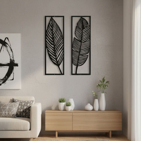 2 Pack Black Metal Tropical Leaf Wall Art, Minimalist Palm Leaf Wall Decor, Modern Hanging Sculpture for Living Room Bedroom Home