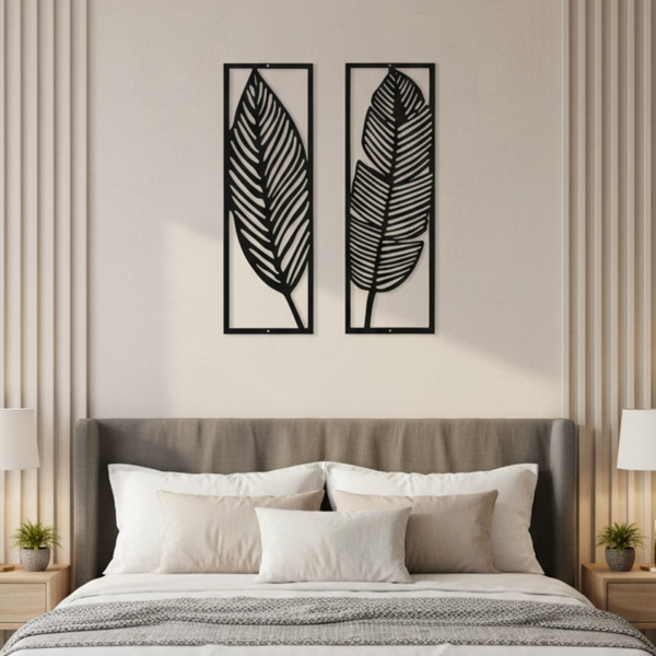 2 Pack Black Metal Tropical Leaf Wall Art, Minimalist Palm Leaf Wall Decor, Modern Hanging Sculpture for Living Room Bedroom Home