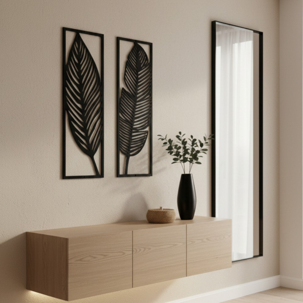 2 Pack Black Metal Tropical Leaf Wall Art, Minimalist Palm Leaf Wall Decor, Modern Hanging Sculpture for Living Room Bedroom Home