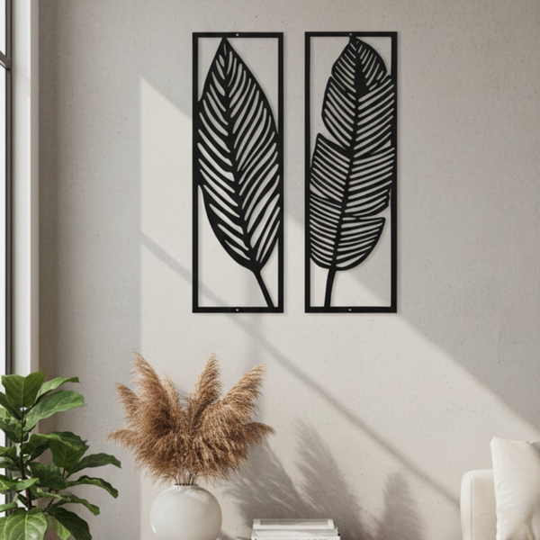 2 Pack Black Metal Tropical Leaf Wall Art, Minimalist Palm Leaf Wall Decor, Modern Hanging Sculpture for Living Room Bedroom Home
