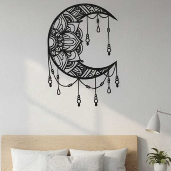 Black Metal Mandala Crescent Moon Wall Decor, Boho Celestial Hanging Wall Art, Ornate Moon Sculpture for Bedroom Living Room Home