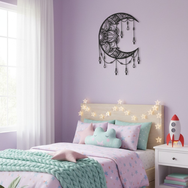 Black Metal Mandala Crescent Moon Wall Decor, Boho Celestial Hanging Wall Art, Ornate Moon Sculpture for Bedroom Living Room Home