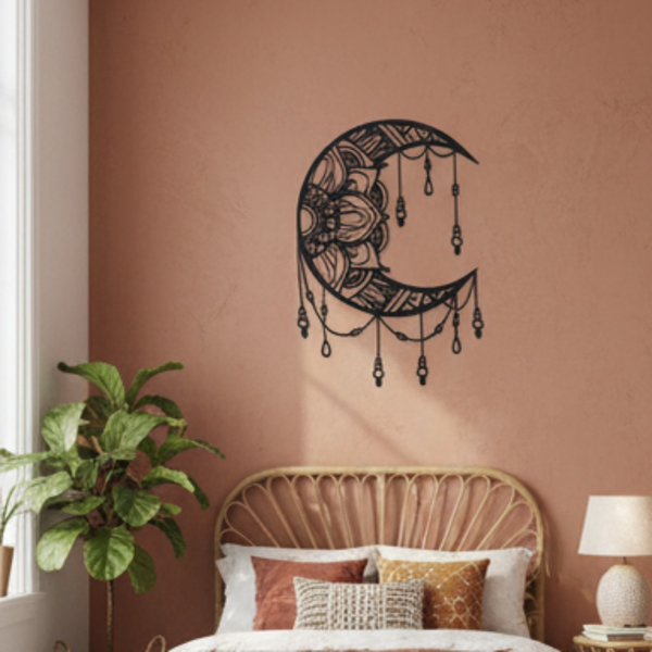 Black Metal Mandala Crescent Moon Wall Decor, Boho Celestial Hanging Wall Art, Ornate Moon Sculpture for Bedroom Living Room Home