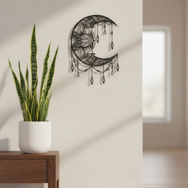 Black Metal Mandala Crescent Moon Wall Decor, Boho Celestial Hanging Wall Art, Ornate Moon Sculpture for Bedroom Living Room Home