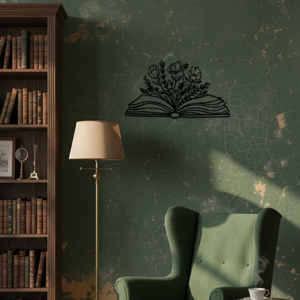 Black Metal Floral Book Wall Art, Minimalist Line Art Open Book Wall Decor, Aesthetic Hanging Art for Reading Nook Bedroom Living Room