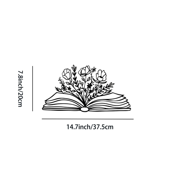 Black Metal Floral Book Wall Art, Minimalist Line Art Open Book Wall Decor, Aesthetic Hanging Art for Reading Nook Bedroom Living Room