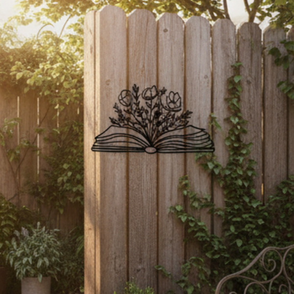 Black Metal Floral Book Wall Art, Minimalist Line Art Open Book Wall Decor, Aesthetic Hanging Art for Reading Nook Bedroom Living Room
