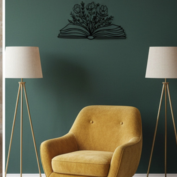 Black Metal Floral Book Wall Art, Minimalist Line Art Open Book Wall Decor, Aesthetic Hanging Art for Reading Nook Bedroom Living Room