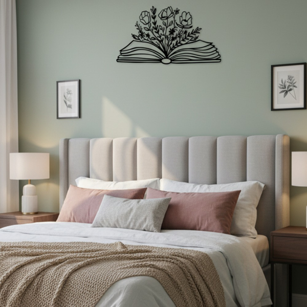 Black Metal Floral Book Wall Art, Minimalist Line Art Open Book Wall Decor, Aesthetic Hanging Art for Reading Nook Bedroom Living Room
