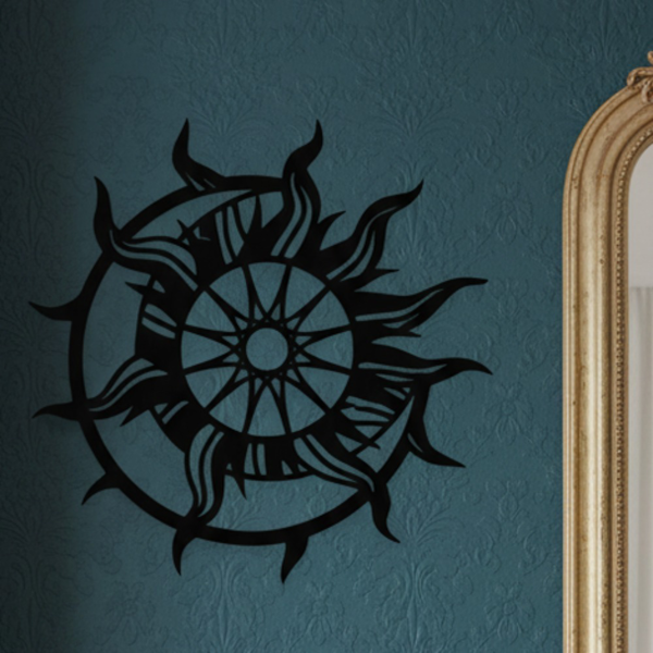 Black Metal Sun and Moon Wall Art, Celestial Boho Hanging Sculpture, Rustic Indoor Outdoor Decor for Living Room Bedroom Garden Patio