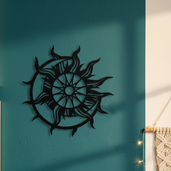 Black Metal Sun and Moon Wall Art, Celestial Boho Hanging Sculpture, Rustic Indoor Outdoor Decor for Living Room Bedroom Garden Patio