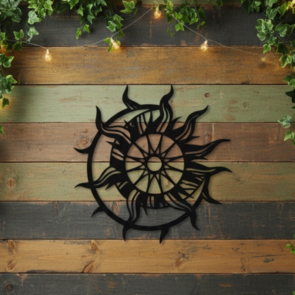 Black Metal Sun and Moon Wall Art, Celestial Boho Hanging Sculpture, Rustic Indoor Outdoor Decor for Living Room Bedroom Garden Patio