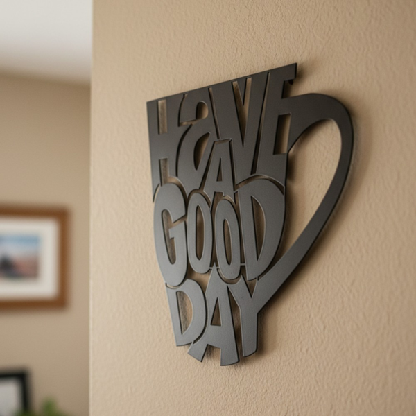 Black Metal Have A Good Day Coffee Mug Wall Art, Minimalist Positive Quote Wall Decor for Kitchen Coffee Bar Office Home