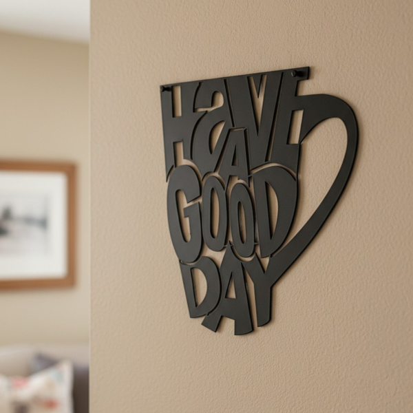 Black Metal Have A Good Day Coffee Mug Wall Art, Minimalist Positive Quote Wall Decor for Kitchen Coffee Bar Office Home