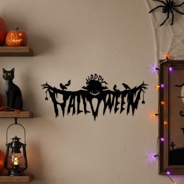 Black Metal Happy Halloween Wall Decor, Scarecrow Crow Bat Spider, Spooky Holiday Hanging Sign for Home Party Indoor Outdoor