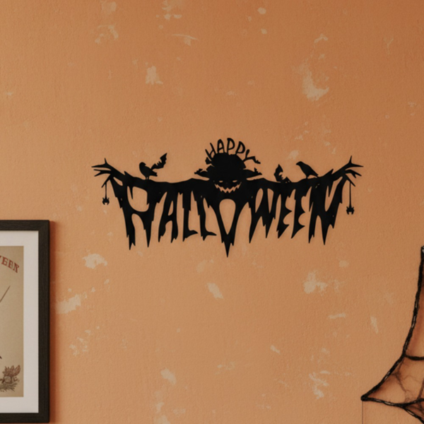 Black Metal Happy Halloween Wall Decor, Scarecrow Crow Bat Spider, Spooky Holiday Hanging Sign for Home Party Indoor Outdoor