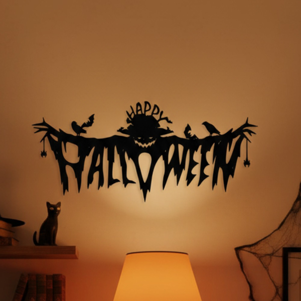 Black Metal Happy Halloween Wall Decor, Scarecrow Crow Bat Spider, Spooky Holiday Hanging Sign for Home Party Indoor Outdoor