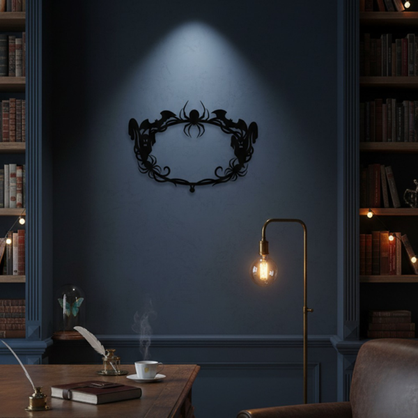 Black Metal Halloween Gothic Oval Wall Frame, Spider Bat Ghost Spooky Hanging Decor, Ornament for Home Party Fireplace Door Indoor Outdoor