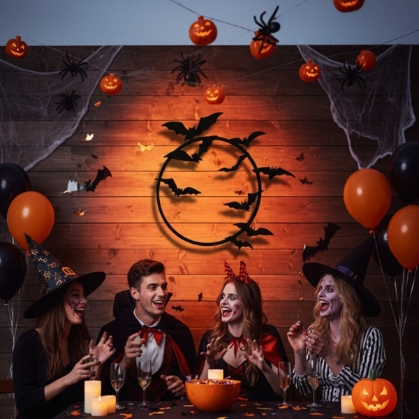Black Metal Round Bat Wall Art, Gothic Flying Bats Circle Wall Decor, Spooky Halloween Hanging Sculpture for Home Bedroom Fireplace Indoor Outdoor