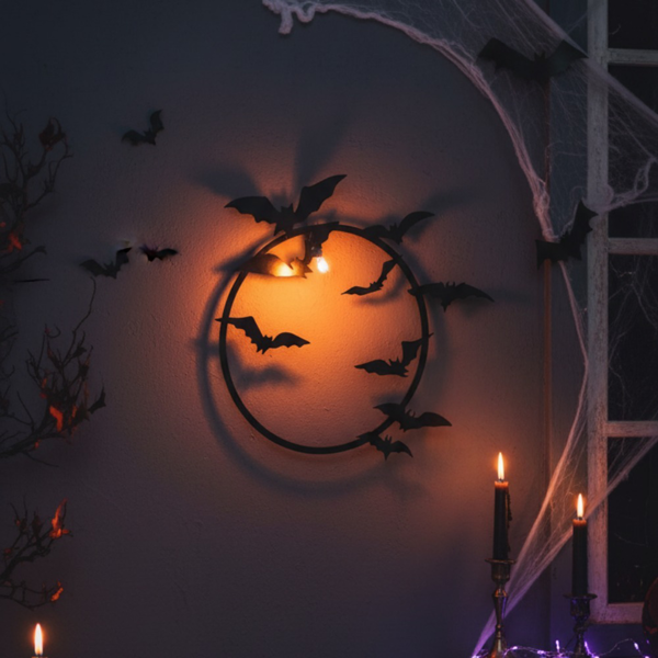 Black Metal Round Bat Wall Art, Gothic Flying Bats Circle Wall Decor, Spooky Halloween Hanging Sculpture for Home Bedroom Fireplace Indoor Outdoor